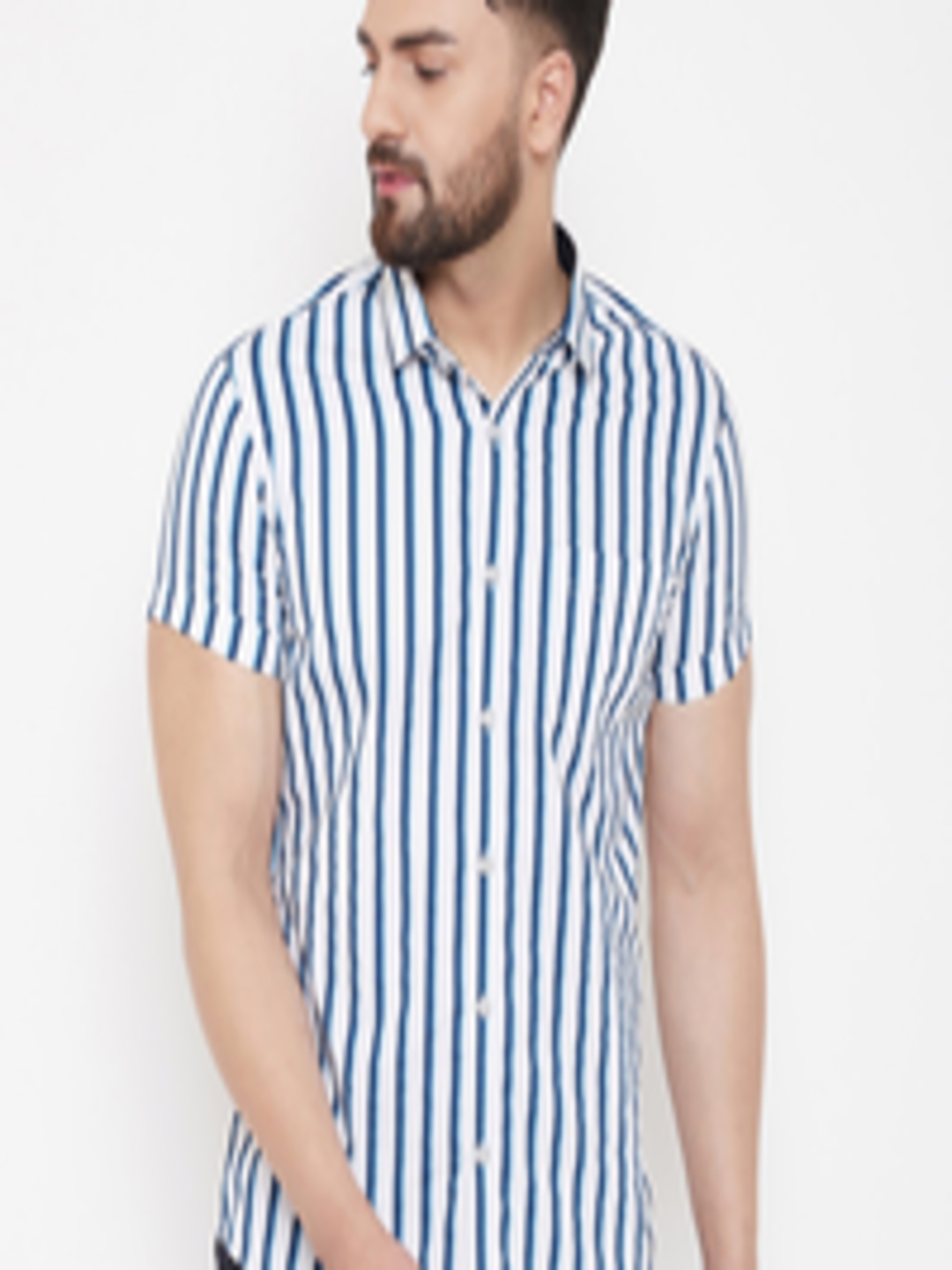 Buy Canary London Men White & Blue Slim Fit Striped Casual Shirt ...