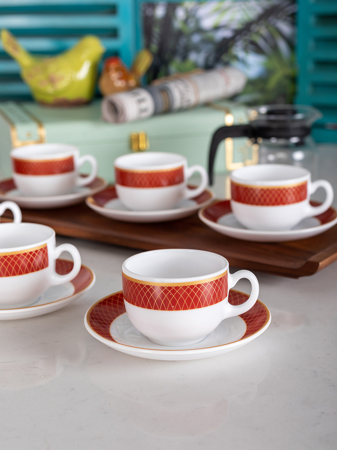 Buy Laopala White & Red Printed Set Of 6 Tea Cups & Saucers Cups And