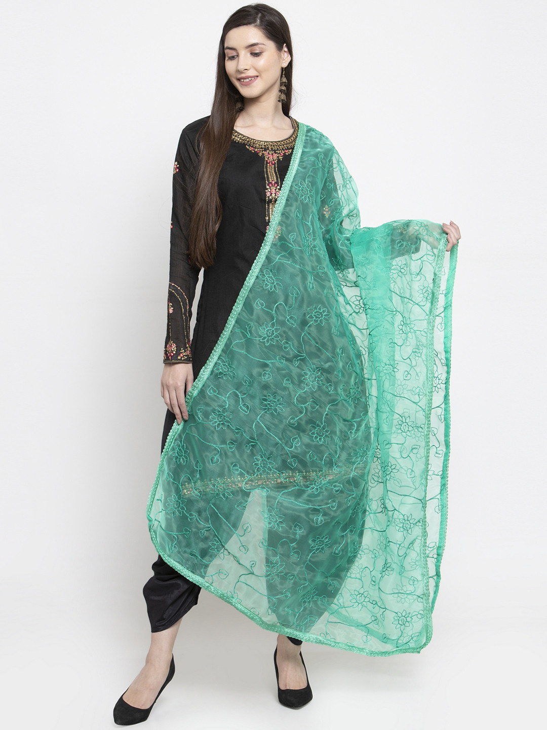 Buy Mf Sea Green Embroidered Organza Dupatta Dupatta for Women