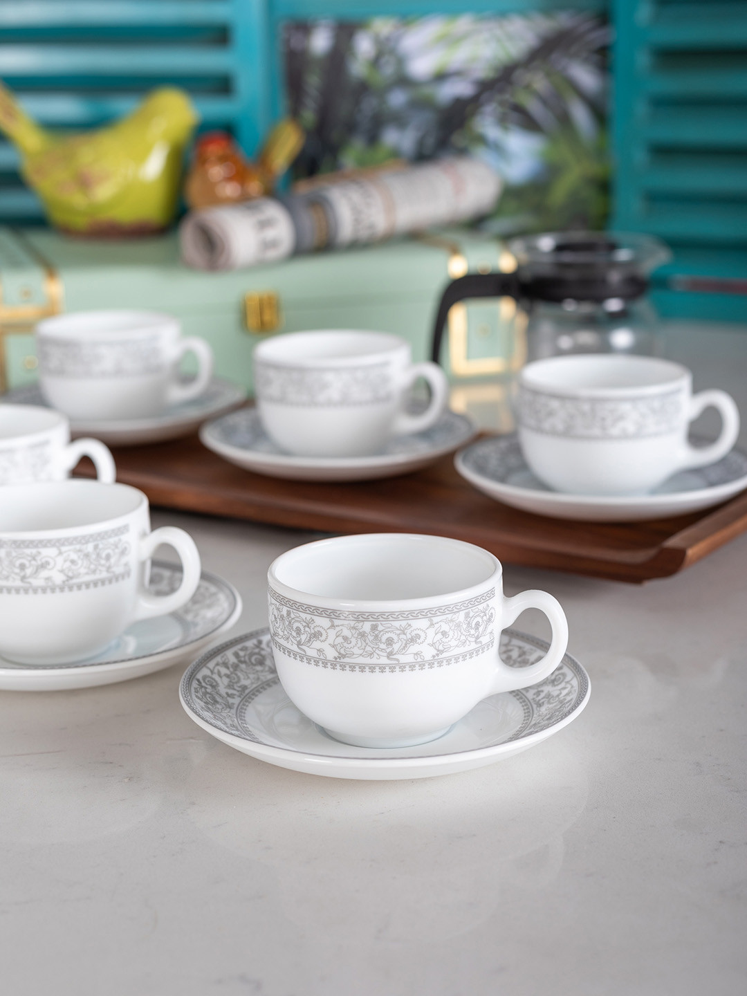Buy Laopala White Printed Set Of 6 Tea Cups & Saucers Tea Set for