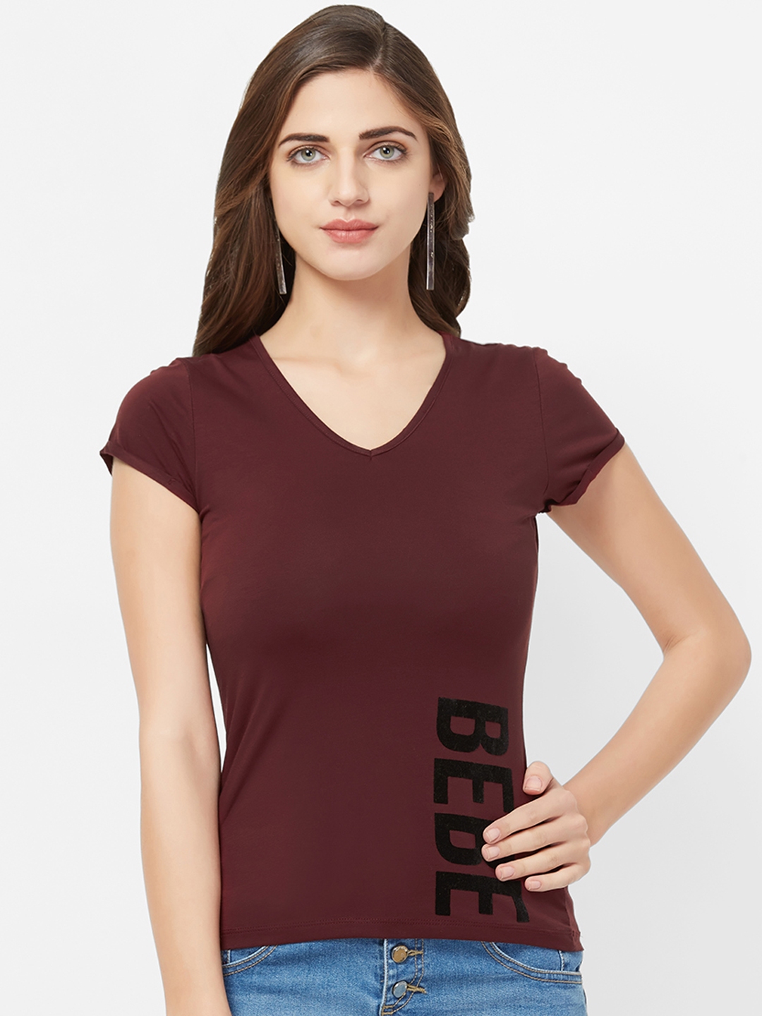 Buy Bebe Women Maroon Printed V Neck T Shirt - Tshirts for Women ...