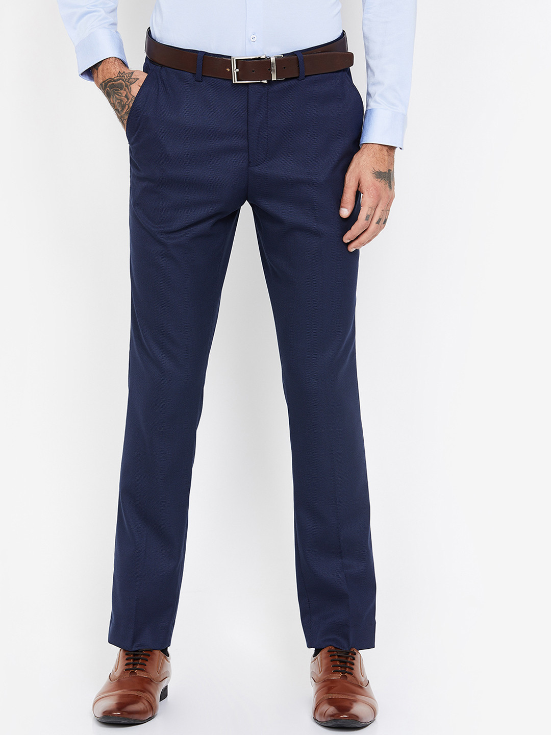 Buy CODE By Lifestyle Men Navy Blue Slim Fit Solid Formal Trousers ...