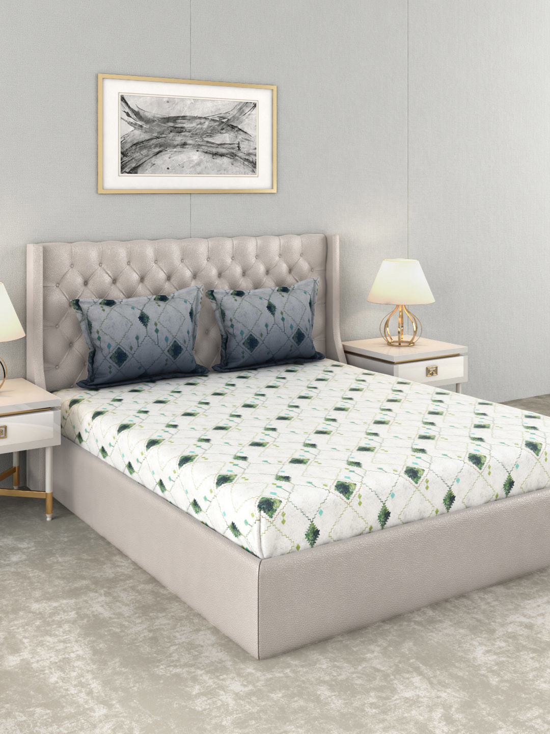 Buy Trident White & Green Geometric 210 TC Cotton 1 King Bedsheet With