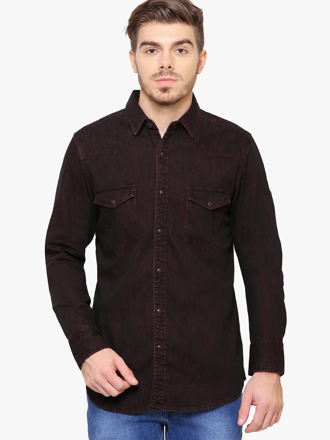 Buy Southbay Men Burgundy Smart Slim Fit Solid Denim Shirt Shirts for