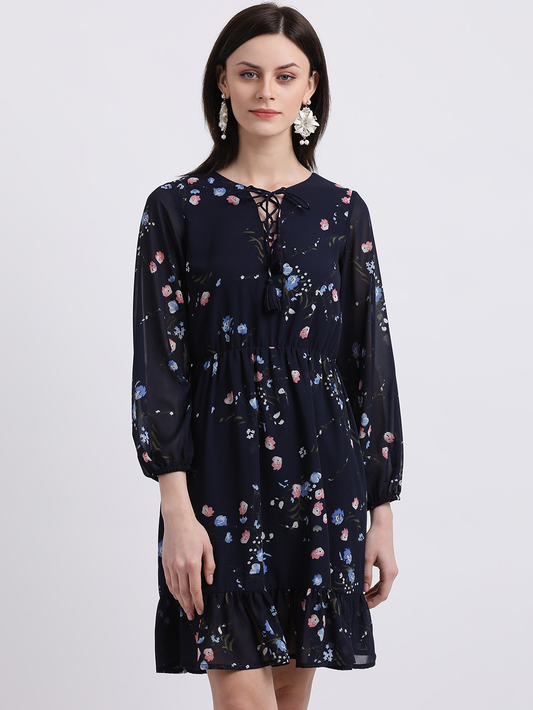 Buy Zink London Women Navy Blue Printed Blouson Dress Dresses For 