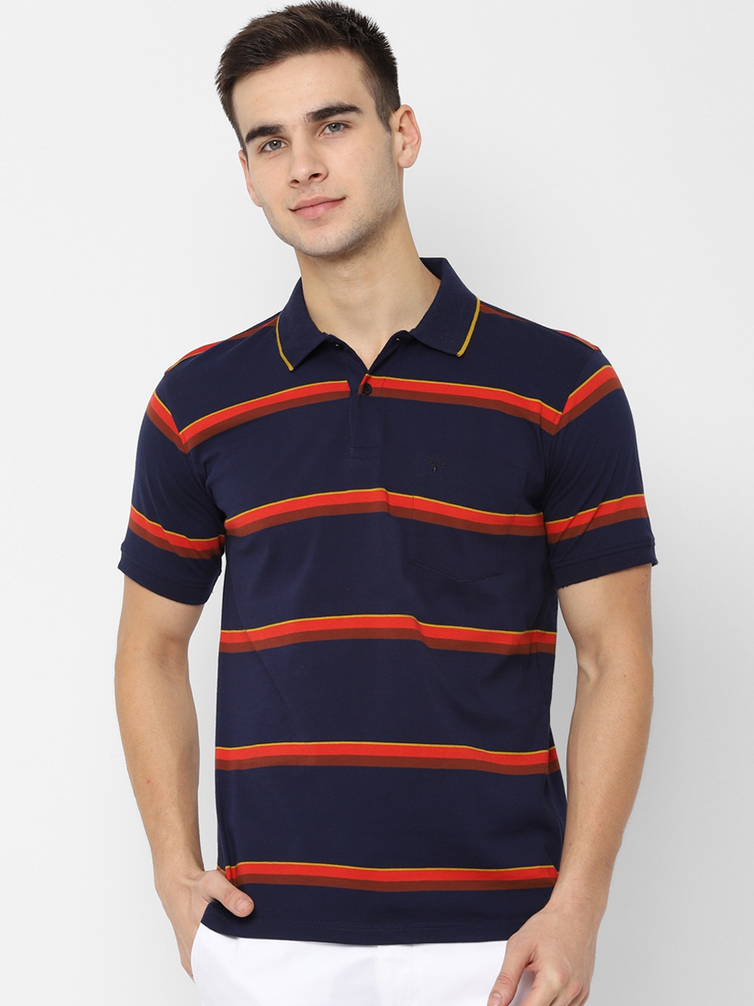 Buy Allen Solly Men Navy Blue Striped Polo Collar Pure Cotton T Shirt ...
