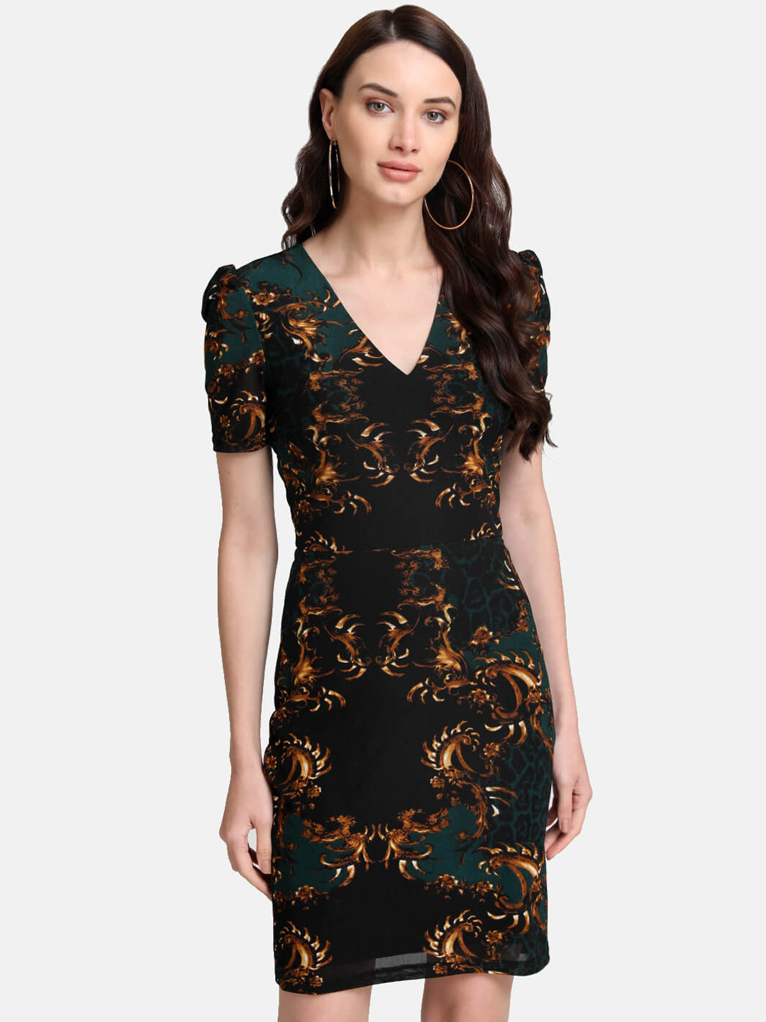 Buy Kazo Women Green & Yellow Printed Stretchable Sheath Dress With