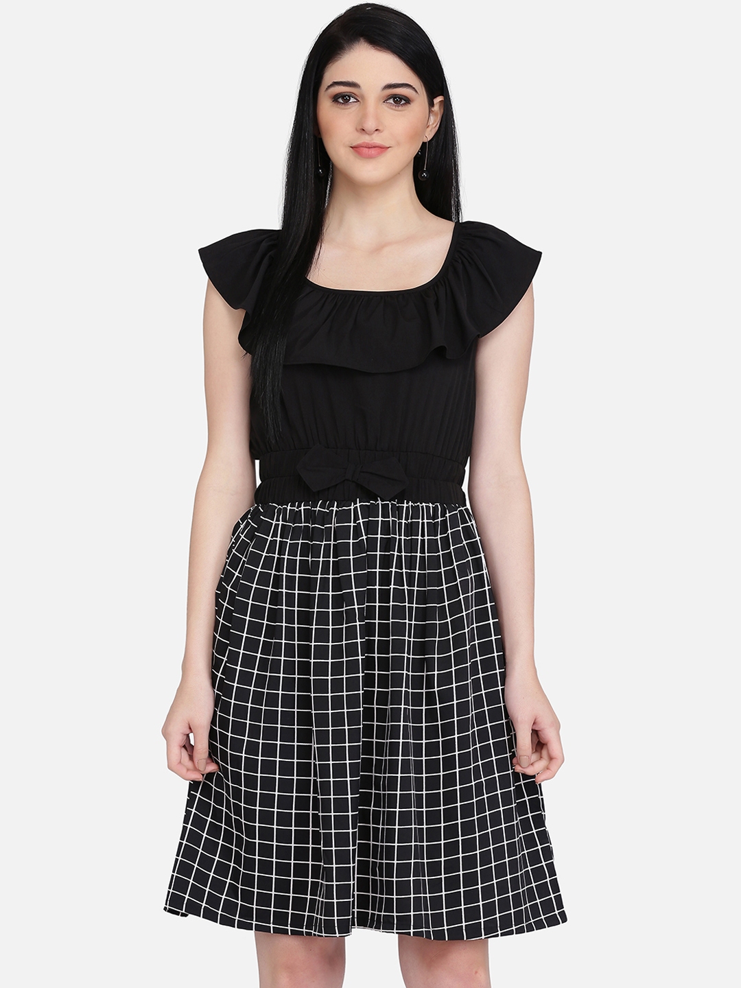 Buy Eavan Women Black & White Checked Blouson Dress - Dresses for Women ...