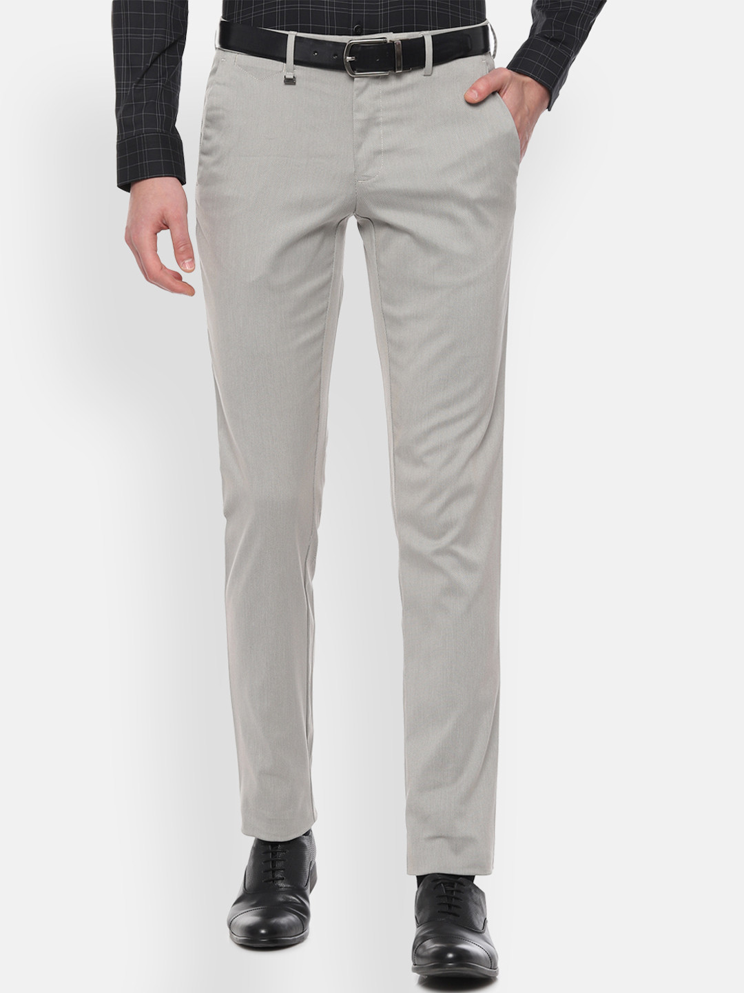 Buy Van Heusen Men Grey Slim Fit Self Design Regular Trousers ...