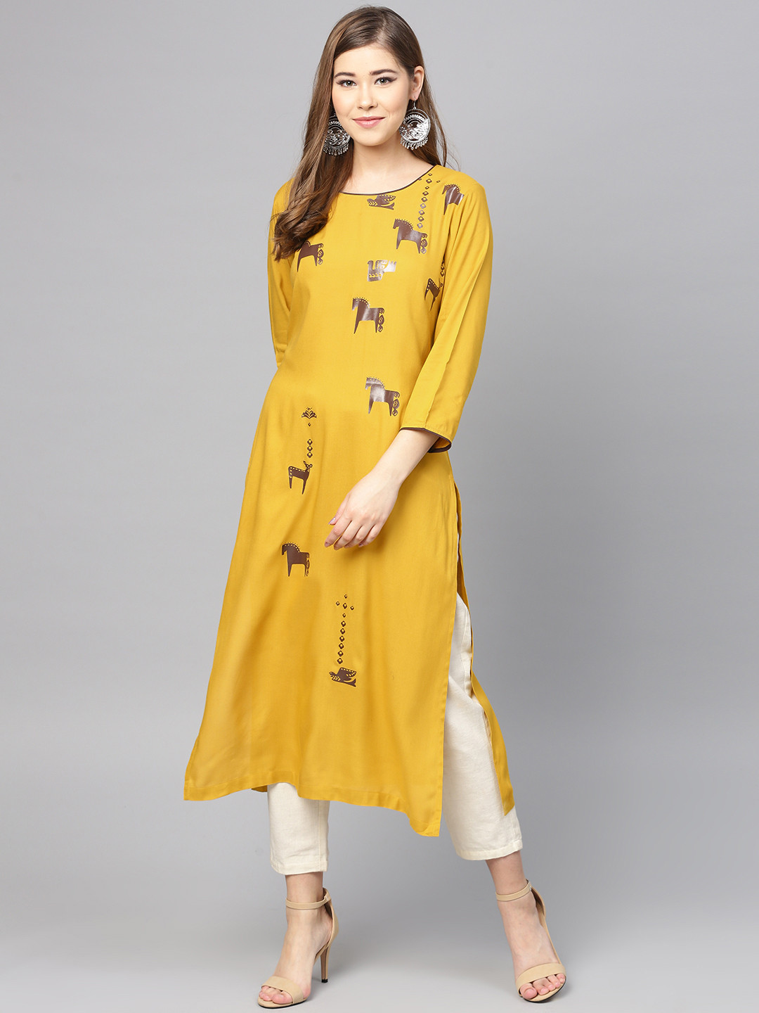 Buy Varanga Women Mustard Yellow Horse Printed Straight Kurta Kurtas