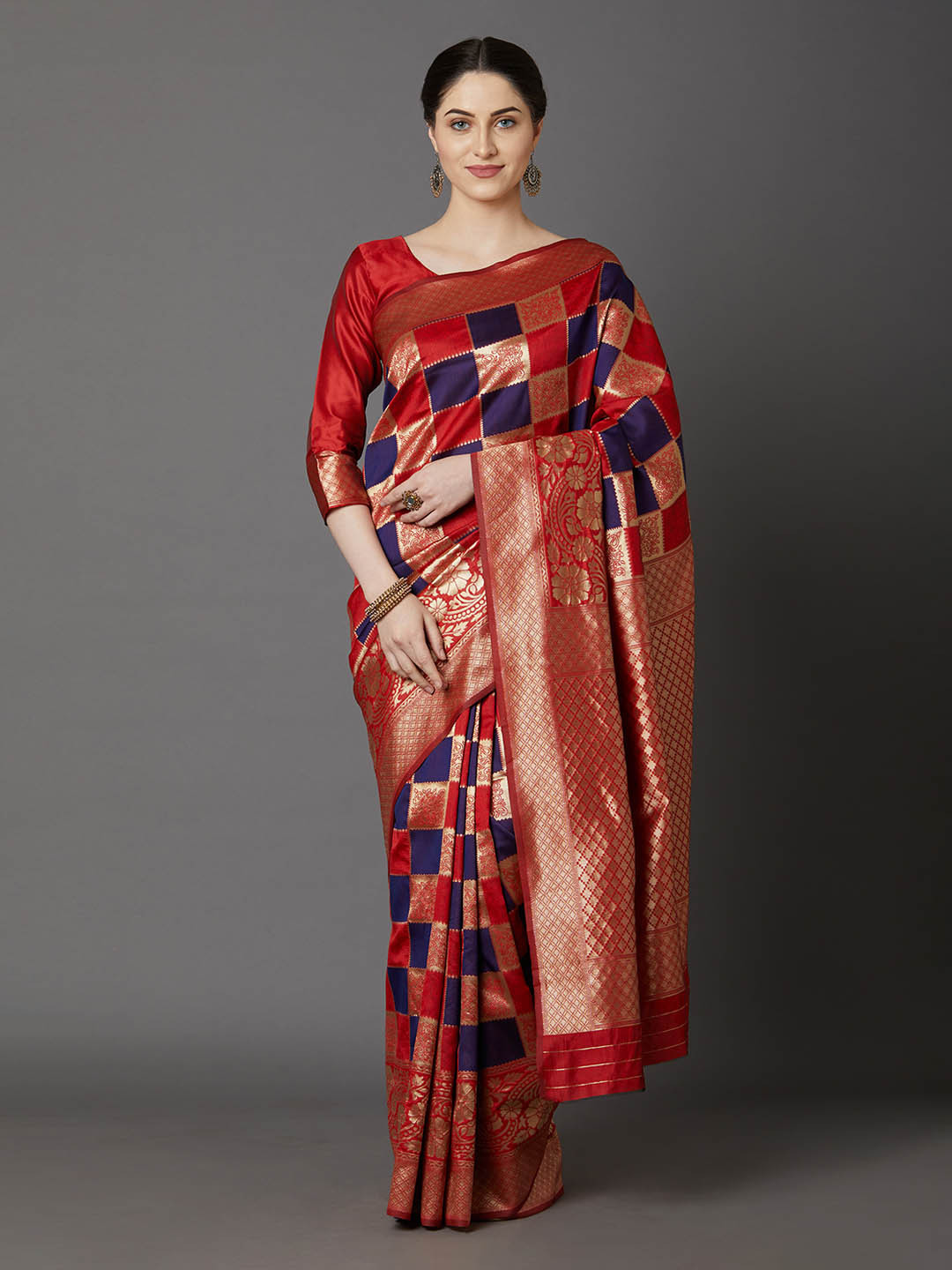 Buy Mitera Red & Golden Checked Banarasi Saree Sarees for Women