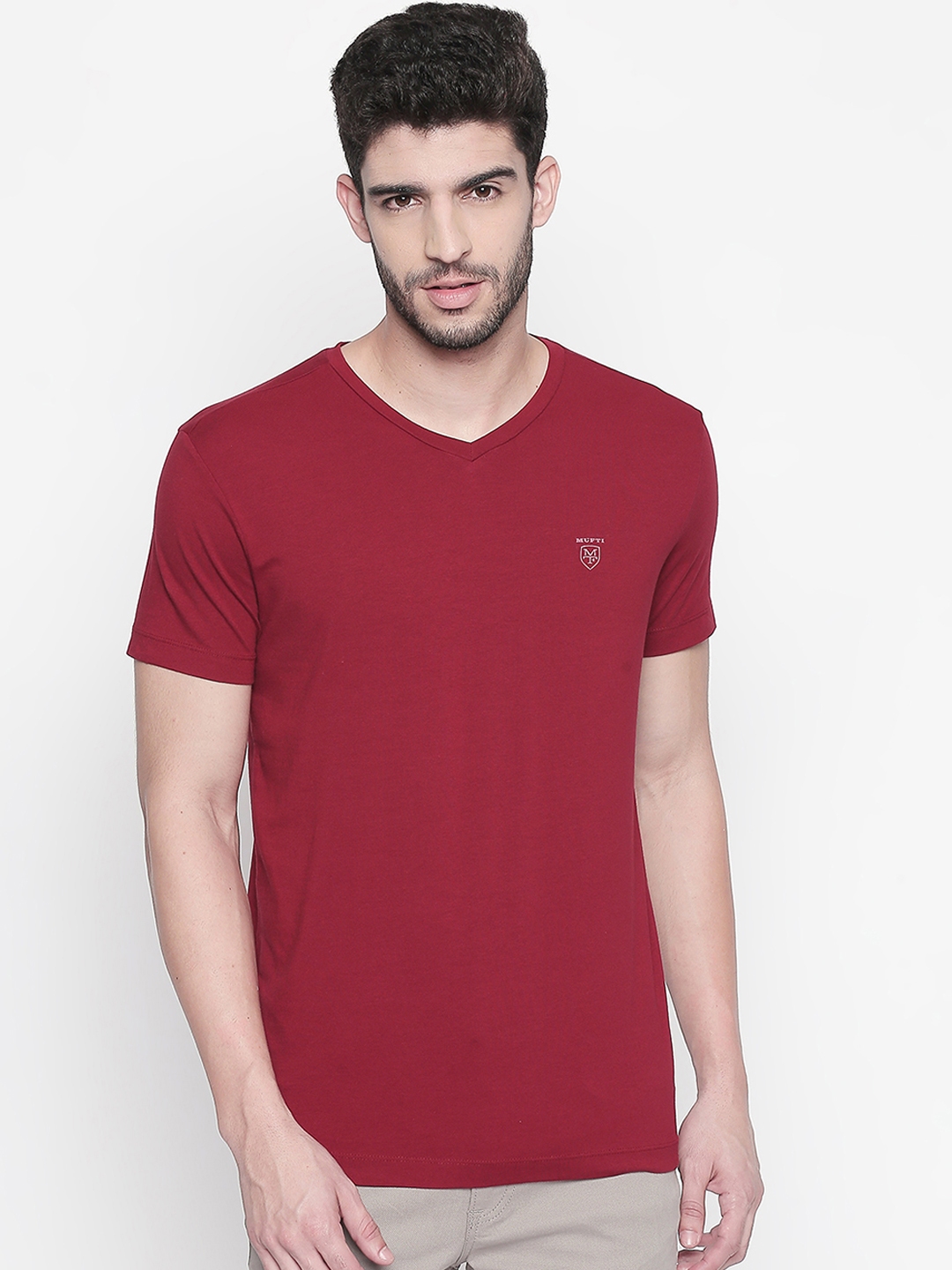 Buy Mufti Men Maroon Solid V Neck Slim Fit T Shirt - Tshirts for Men ...