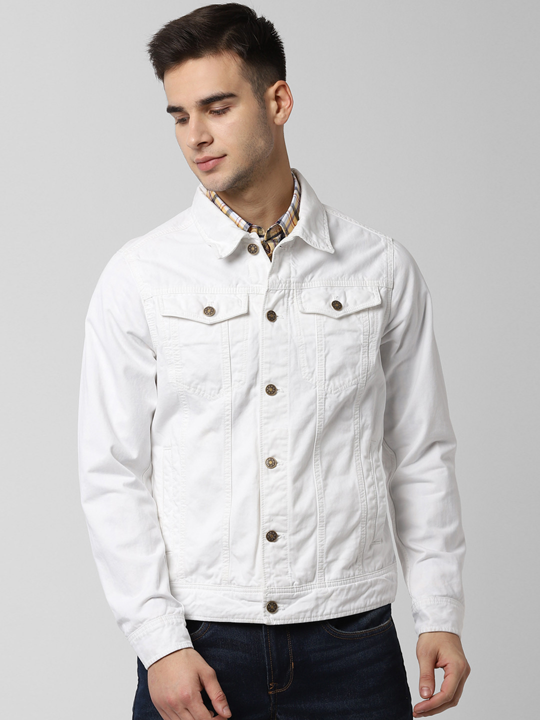 Buy Peter England Casuals Men White Solid Denim Jacket Jackets for