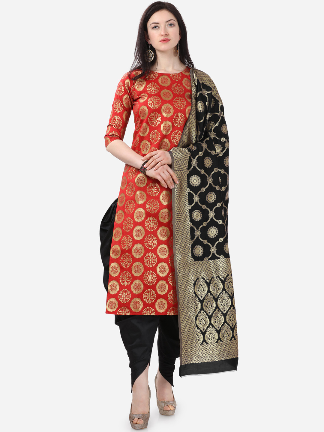 Buy Kvsfab Red & Black Woven Design Unstitched Dress Material Dress