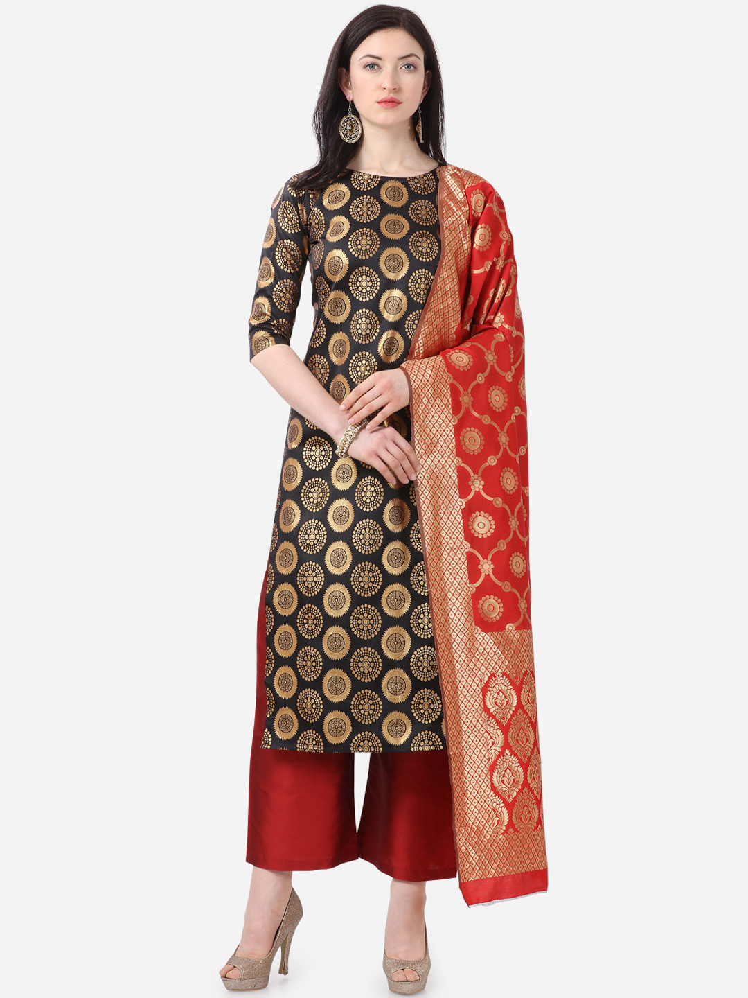 Buy Kvsfab Black & Maroon Woven Design Unstitched Dress Material
