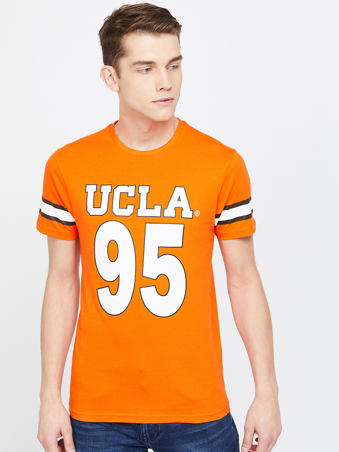 Buy UCLA Men Orange & White Printed Round Neck T Shirt Tshirts for