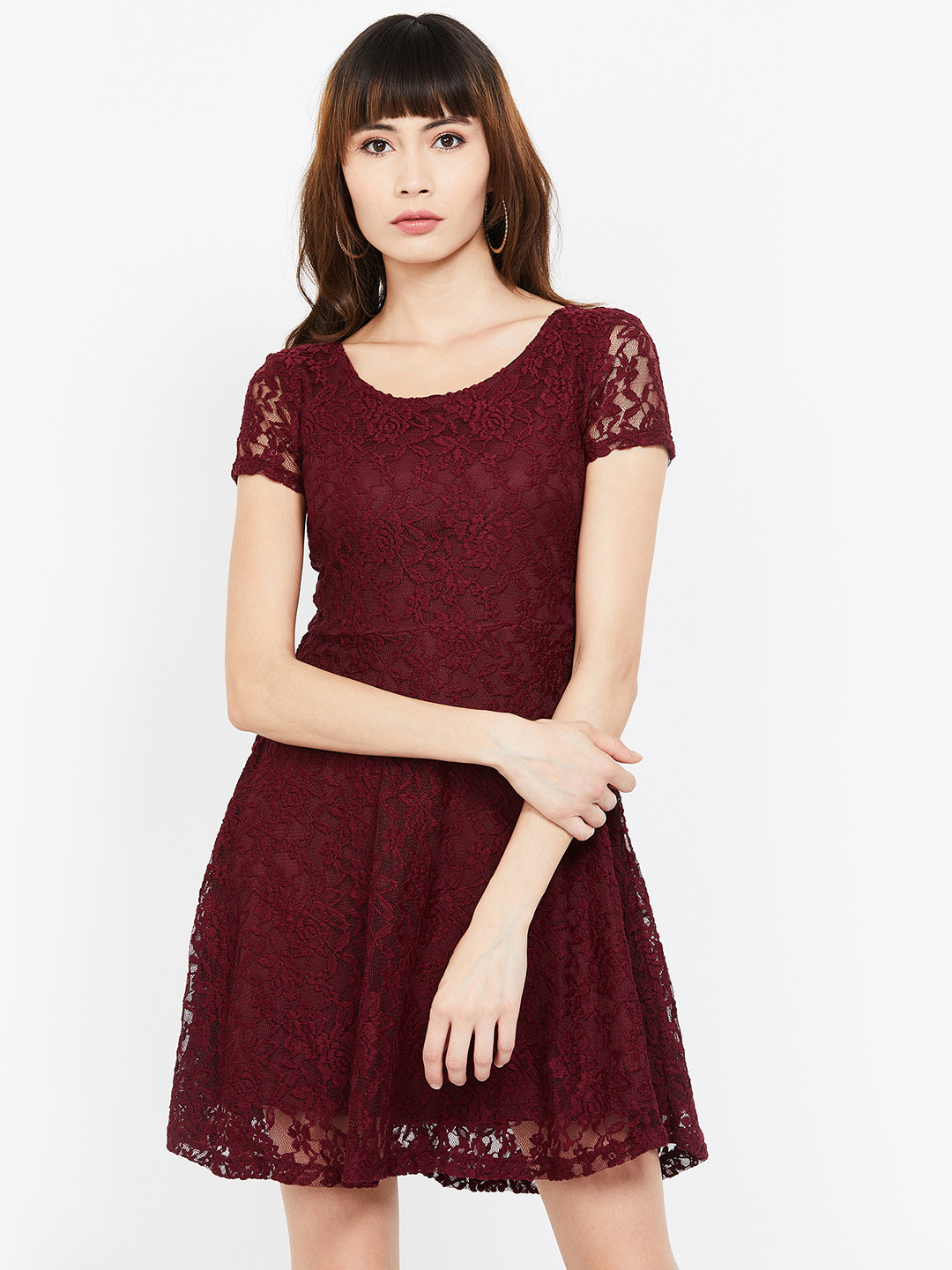 Buy Ginger By Lifestyle Women Burgundy Self Design Fit And Flare Dress
