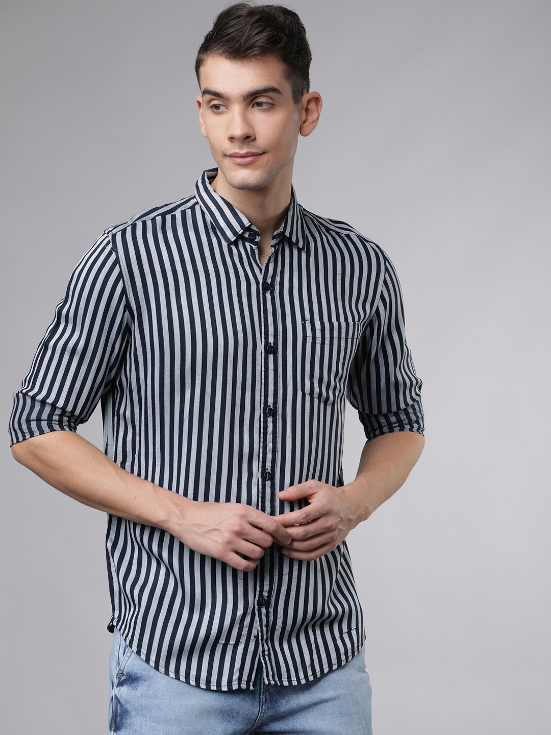Buy HIGHLANDER Men Navy Blue & Grey Slim Fit Striped Casual Shirt ...