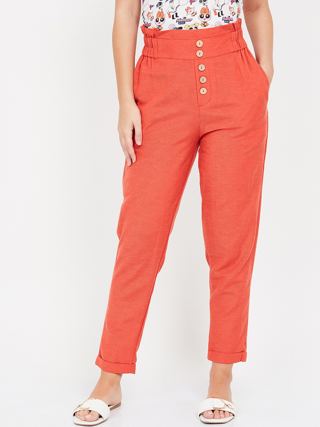 Buy Ginger By Lifestyle Women Orange Regular Fit Solid Peg Trousers ...