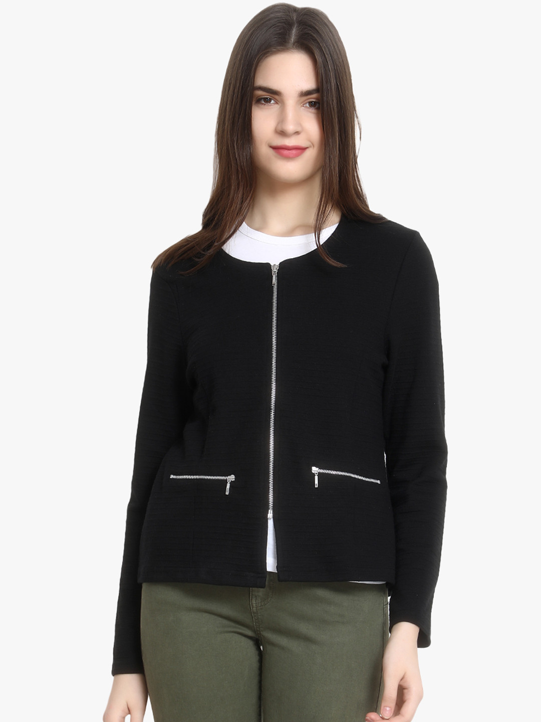 Buy Kotty Women Black Self Design Lightweight Tailored Jacket Jackets