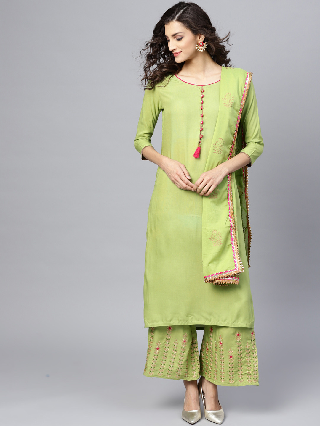 Solid Green Kurta Set With Beige Pant & Bhagalpuri Printed Dupatta