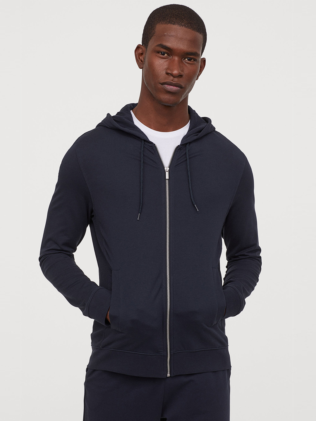 Buy H&M Men Navy Blue Solid Hooded Jacket Slim Fit Sweatshirts for
