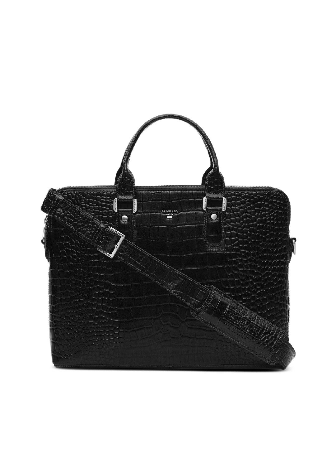 Buy Da Milano Unisex Black Crocodile Skin Textured Leather Laptop Bag