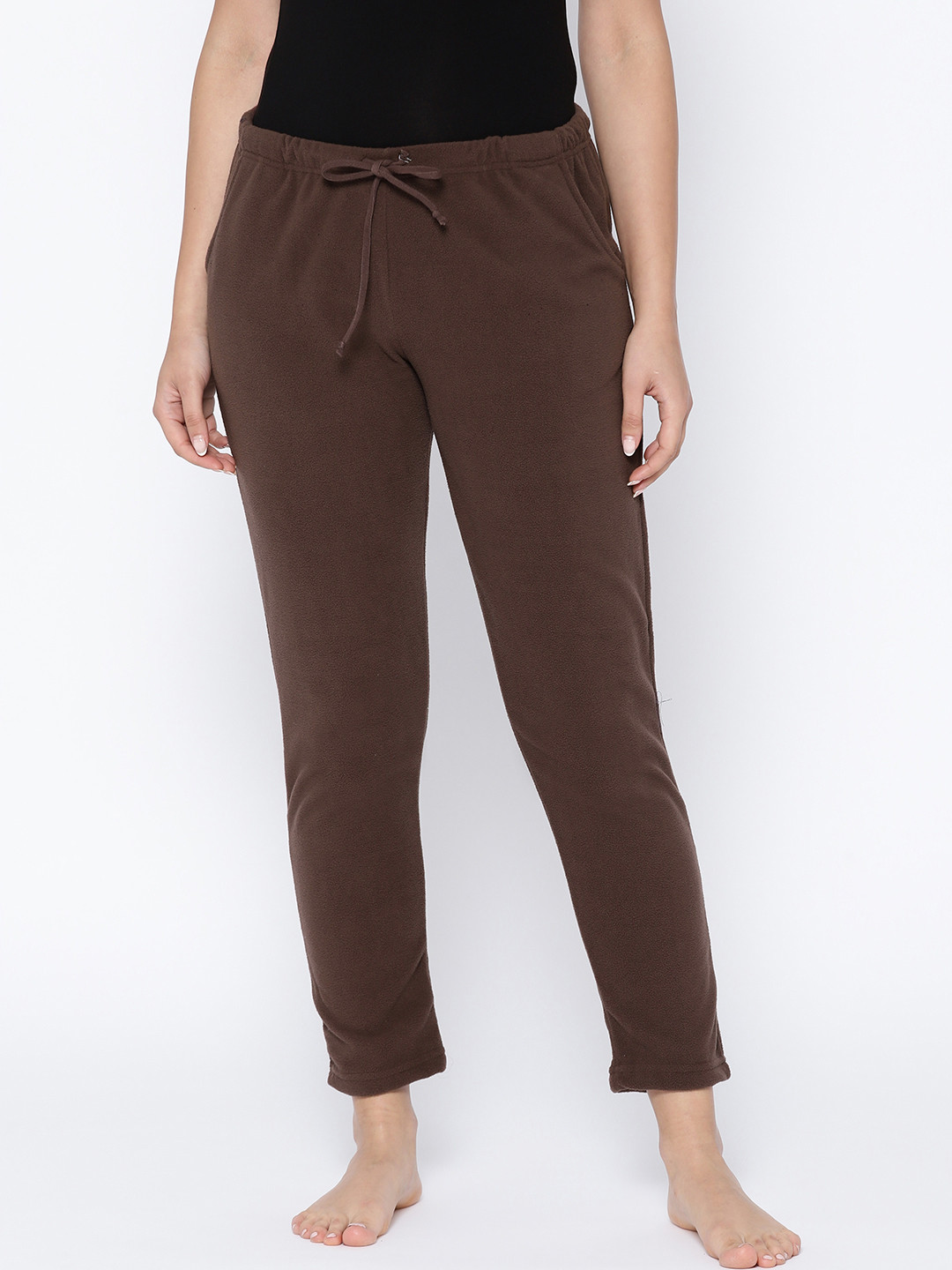 Buy Kanvin Women Coffee Brown Solid Fleece Cropped Lounge Pants