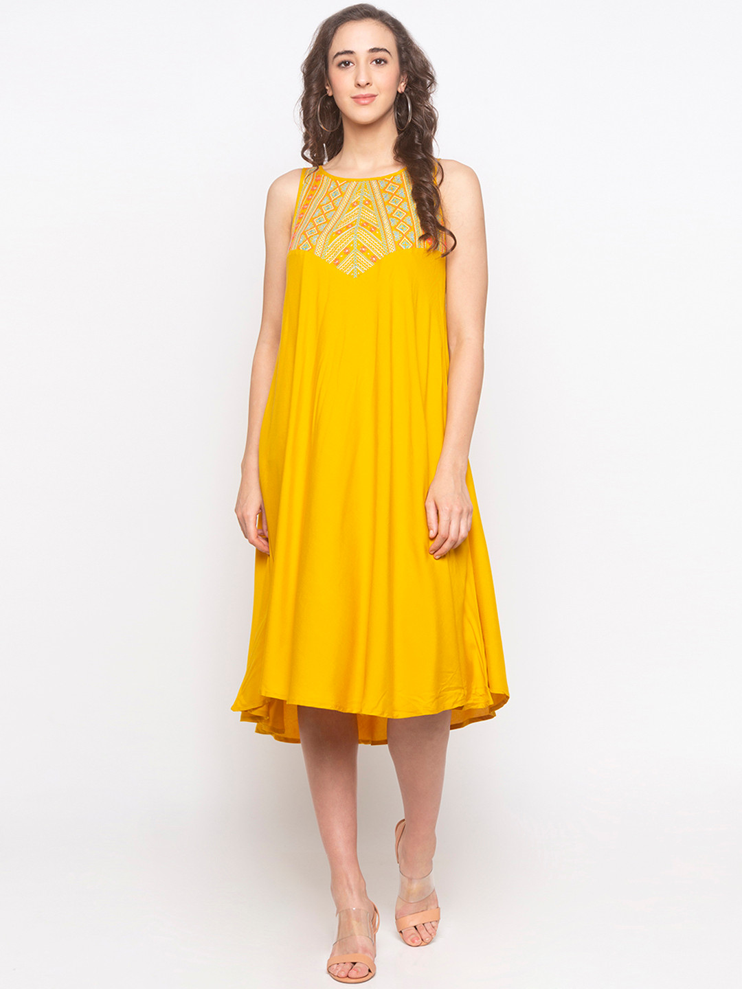 Buy Globus Women Mustard Yellow Embroidered A Line Dress Dresses for