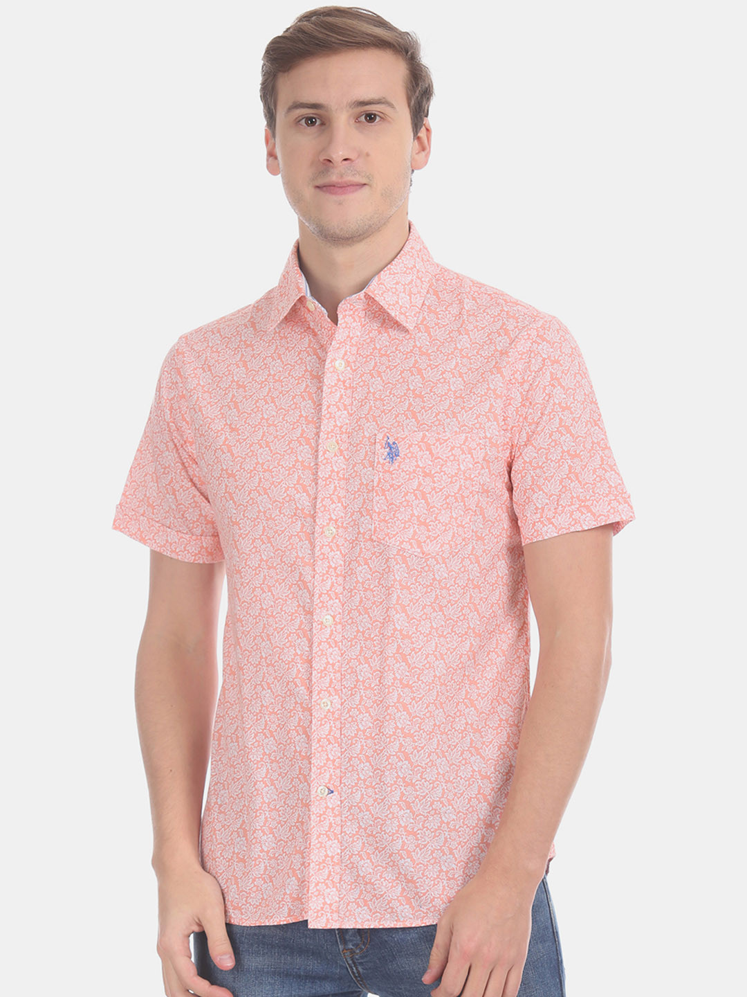 Buy U.S. Polo Assn. Men Peach Coloured & White Regular Fit Printed