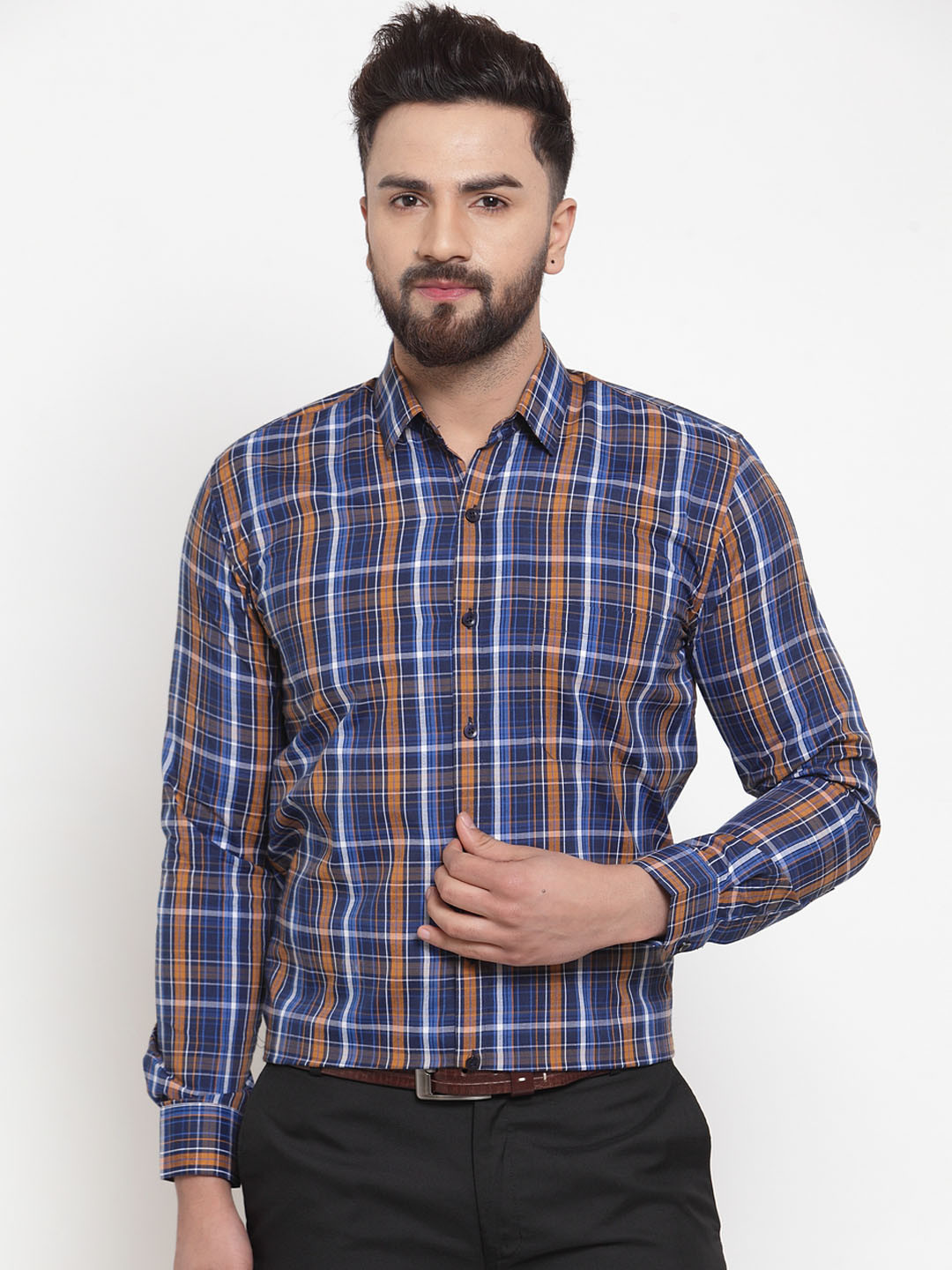 Buy JAINISH Men Blue & Mustard Brown Regular Fit Checked Formal Shirt