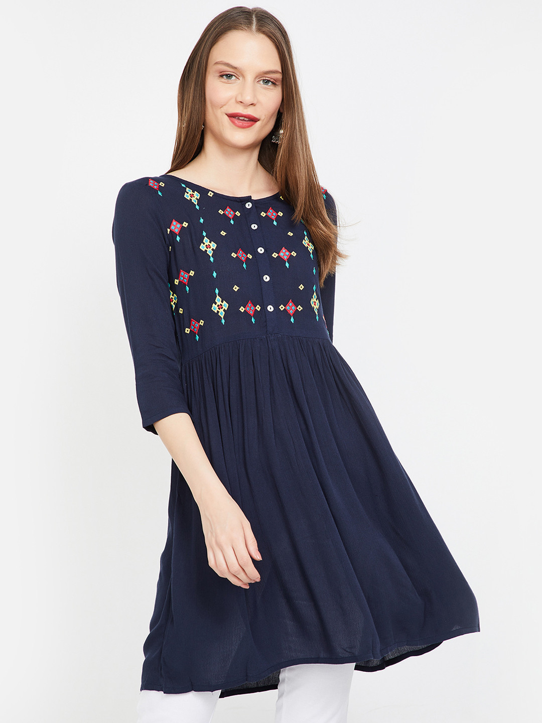 Buy Colour Me By Melange Women Navy Blue Embroidered Tunic Tunics for