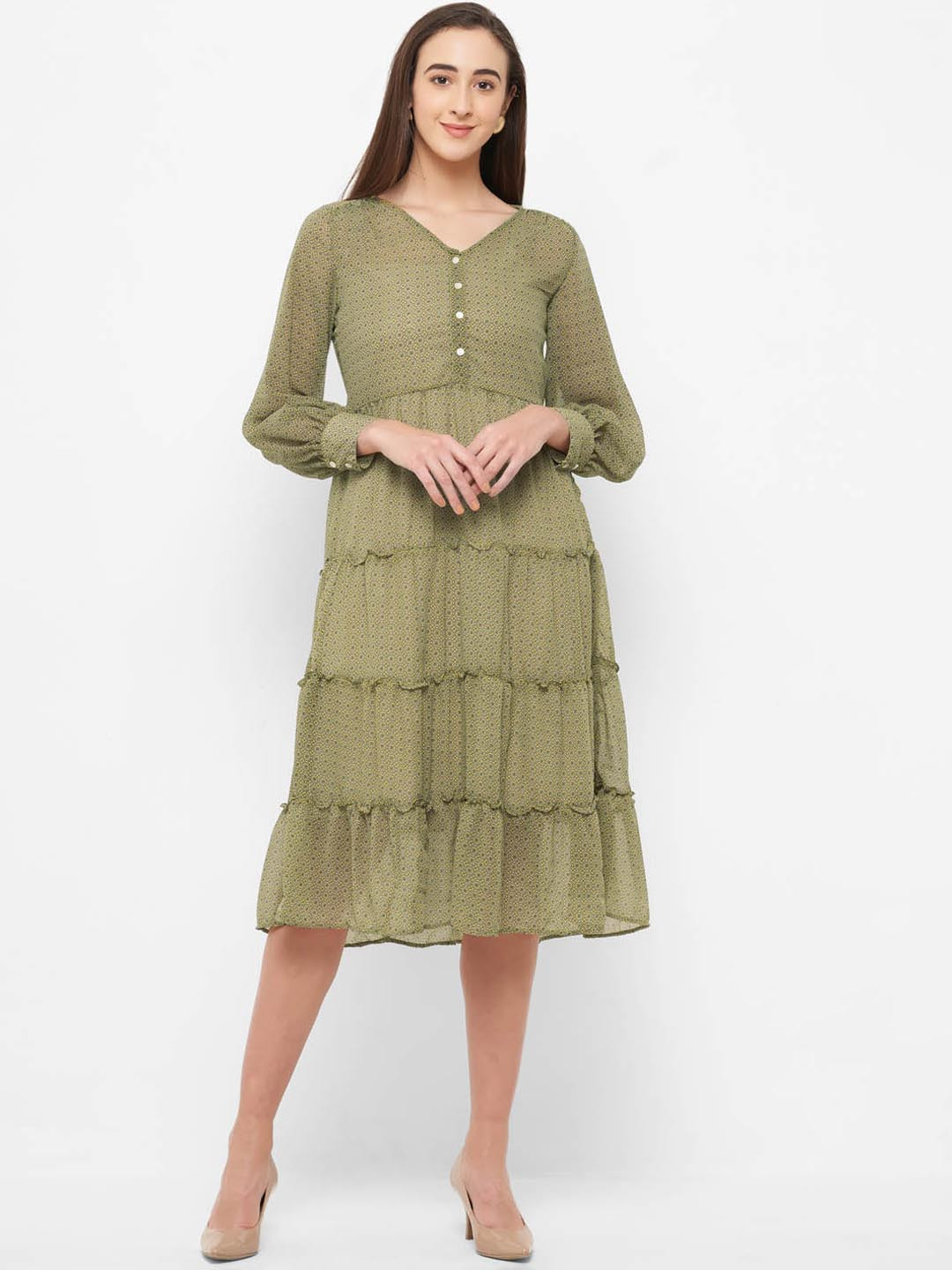 Buy 109F Women Olive Green & Grey Printed Fit And Flare Dress - Dresses for Women 11710446 | Myntra