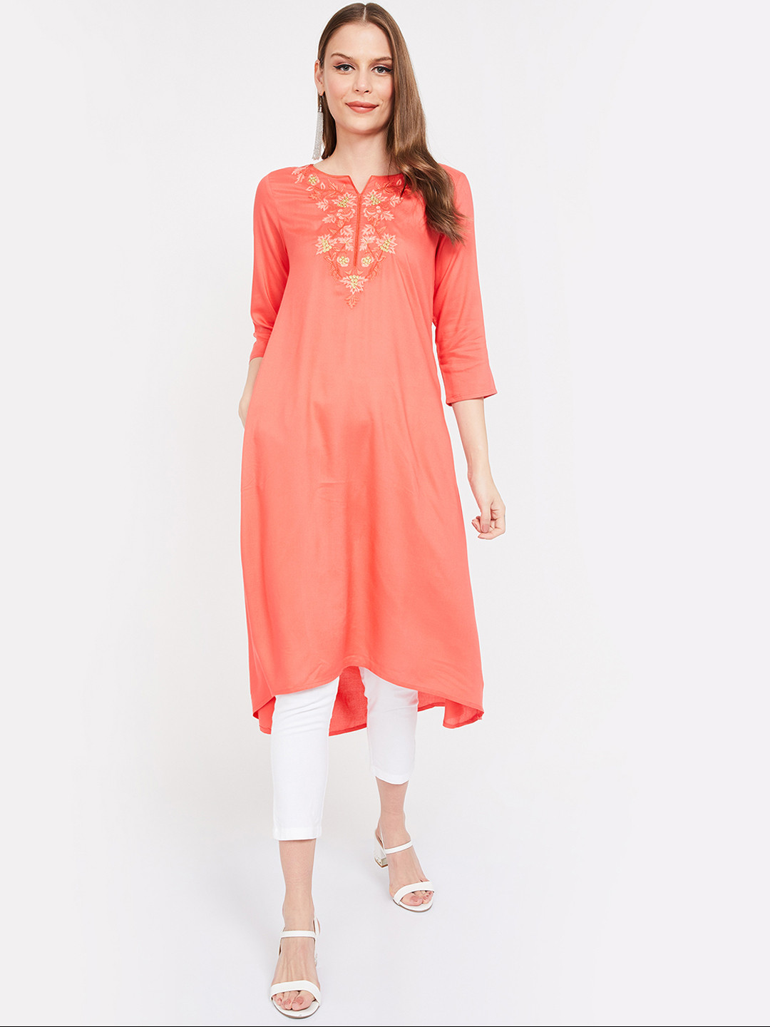 Buy Melange By Lifestyle Women Coral Pink Embroidered A Line Kurta