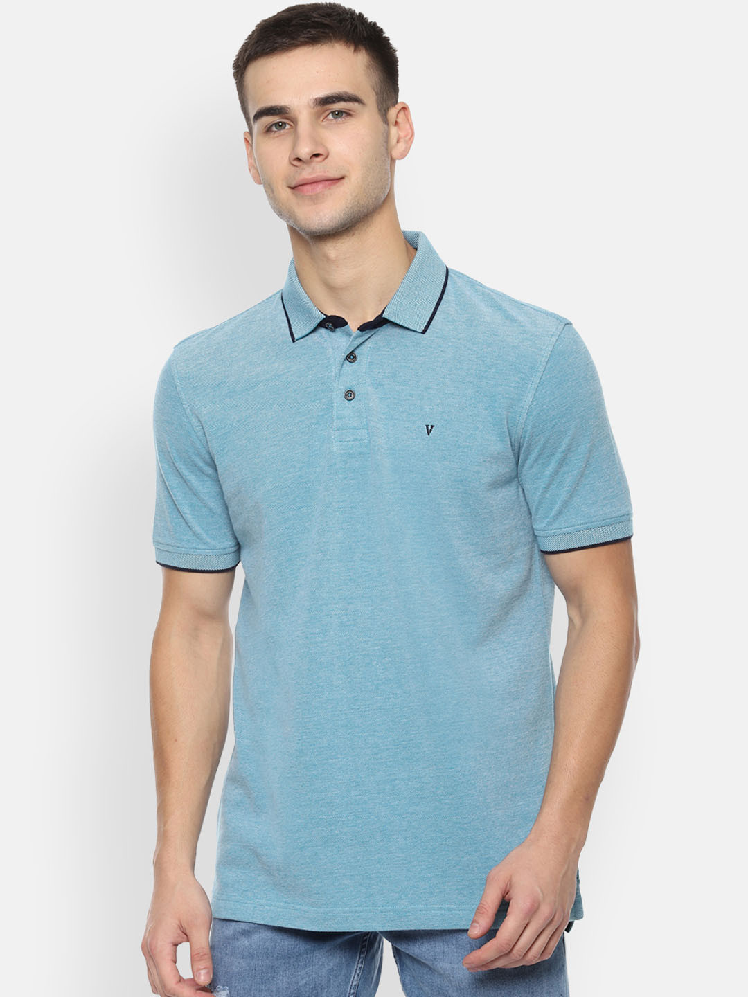 Buy Van Heusen Sport Men Blue Solid Polo Collar Pure Cotton T Shirt ...
