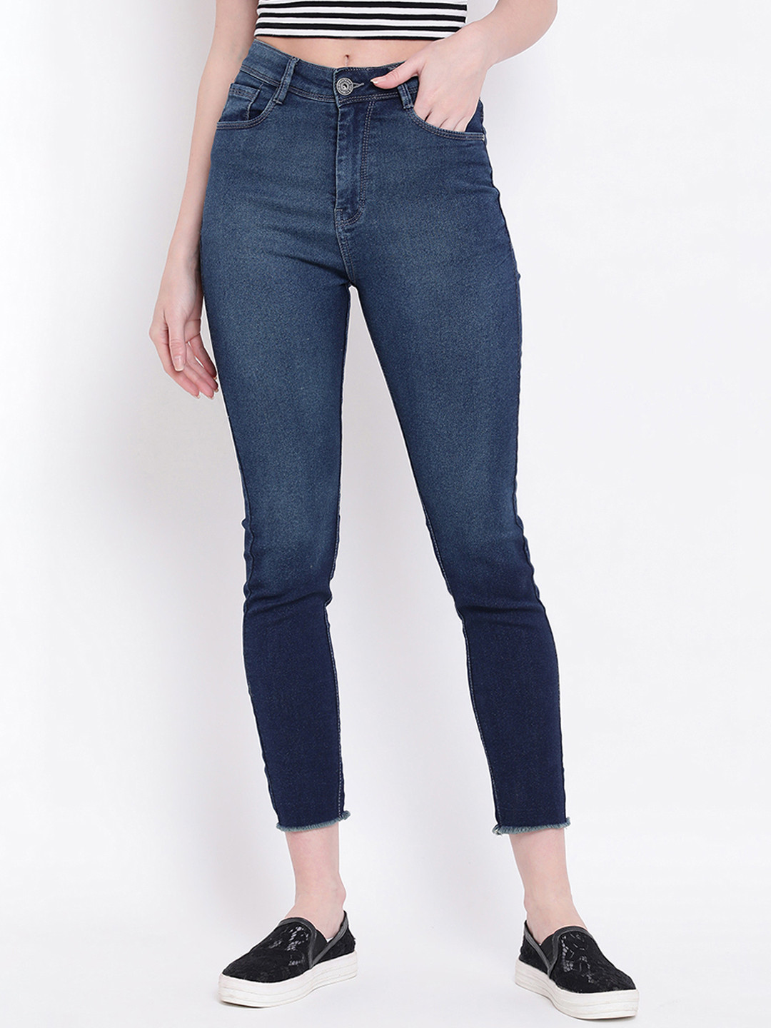 Buy Code 61 Women Navy Blue Skinny Fit High Rise Clean Look Stretchable