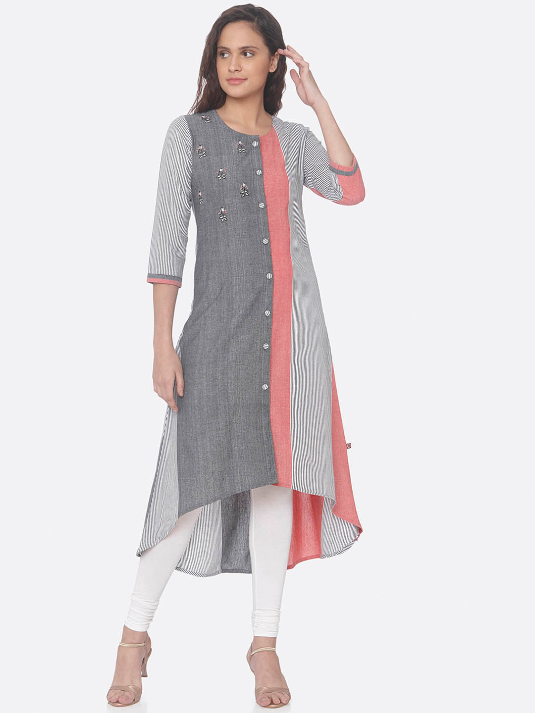 Buy RAISIN Women Grey & White Striped Pure Cotton A Line Kurti Kurtis
