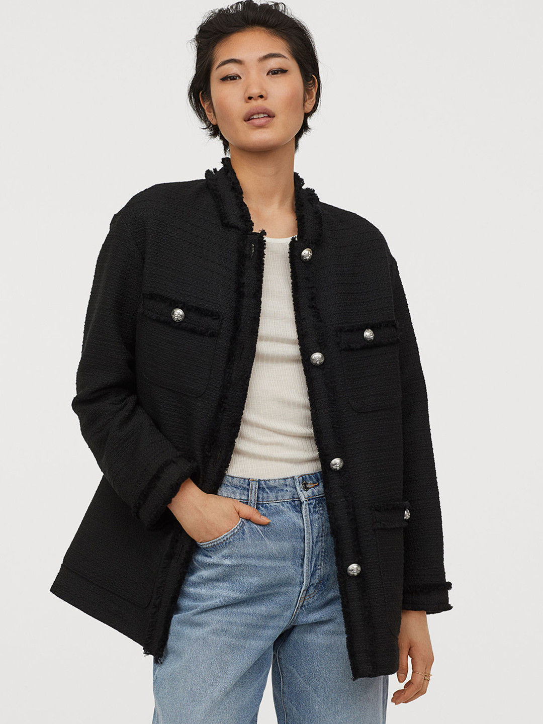 Buy H&M Women Black Solid Textured Weave Jacket Jackets for Women