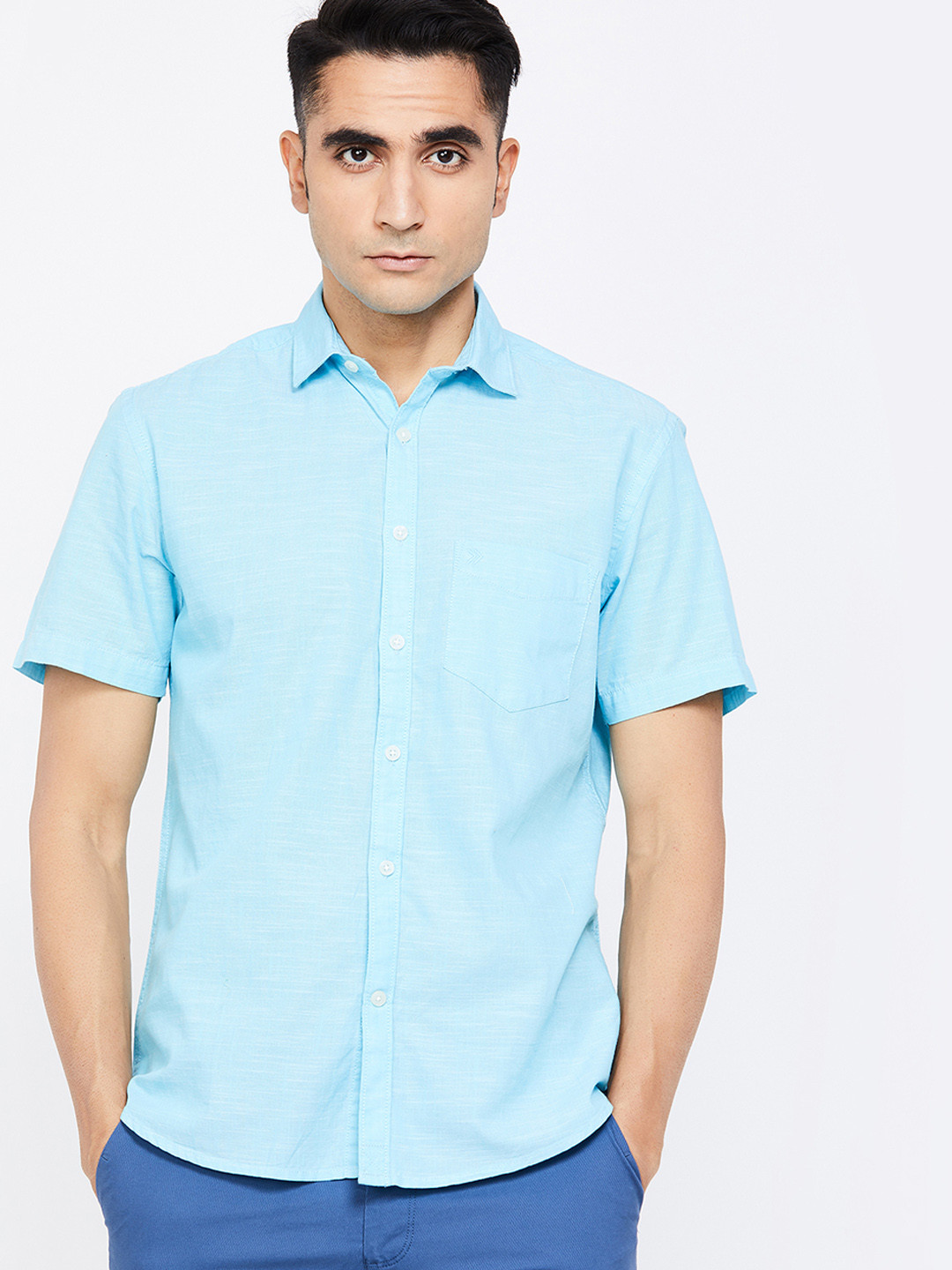 Buy CODE By Lifestyle Men Turquoise Blue Regular Fit Solid Casual Shirt