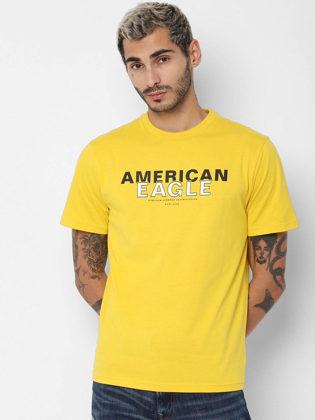 Buy AMERICAN EAGLE OUTFITTERS Men Yellow Printed Round Neck Pure Cotton