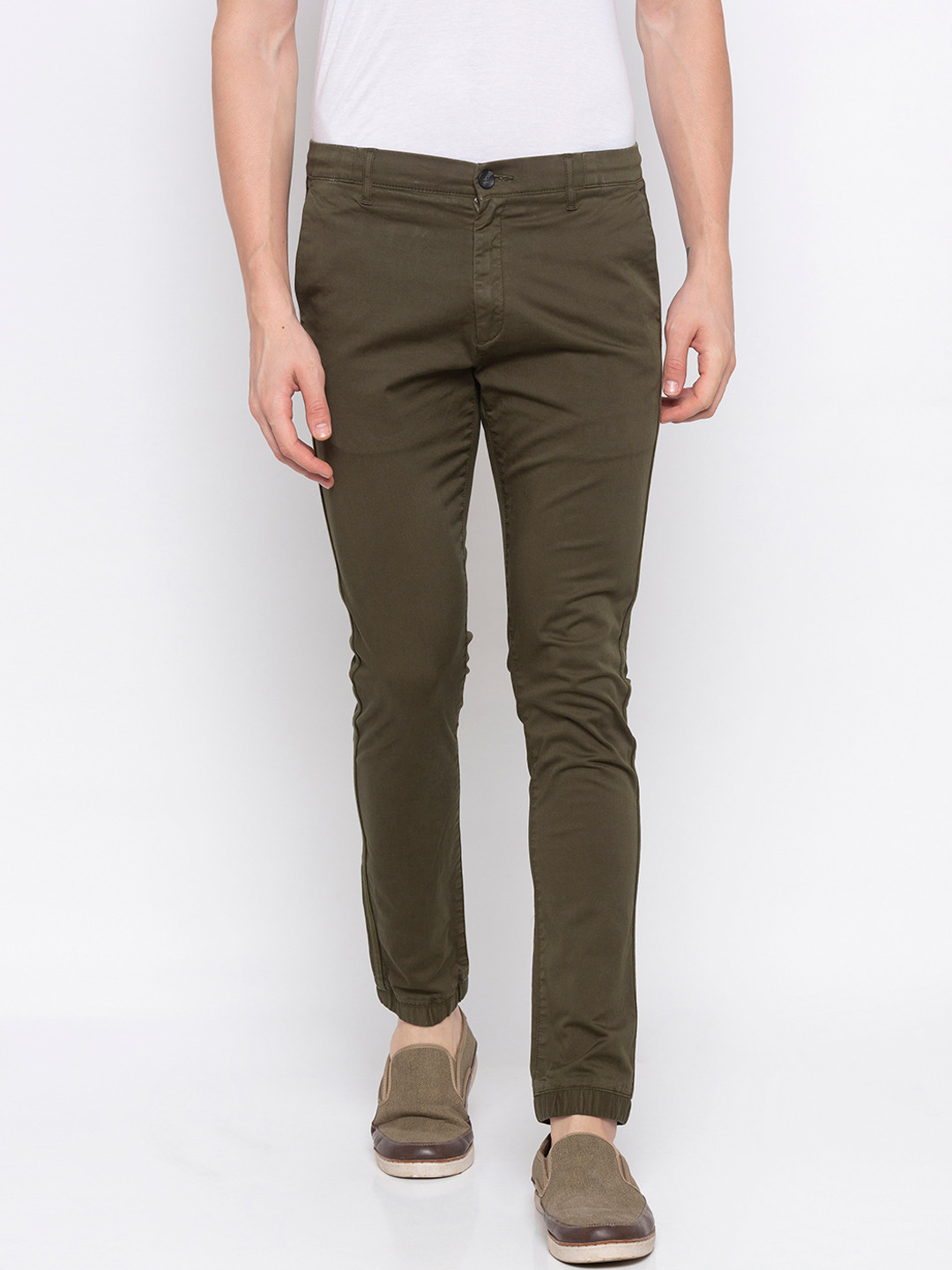 Buy SPYKAR Men Olive Green Slim Fit Solid Regular Trousers Trousers