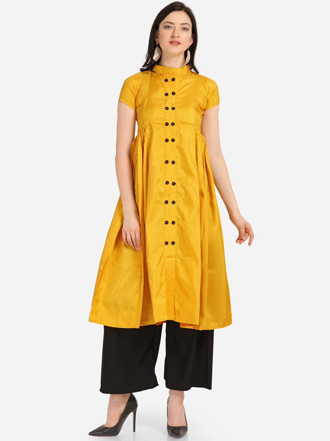 Buy Silk Bazar Women Mustard Yellow Solid A Line Kurta Kurtas for