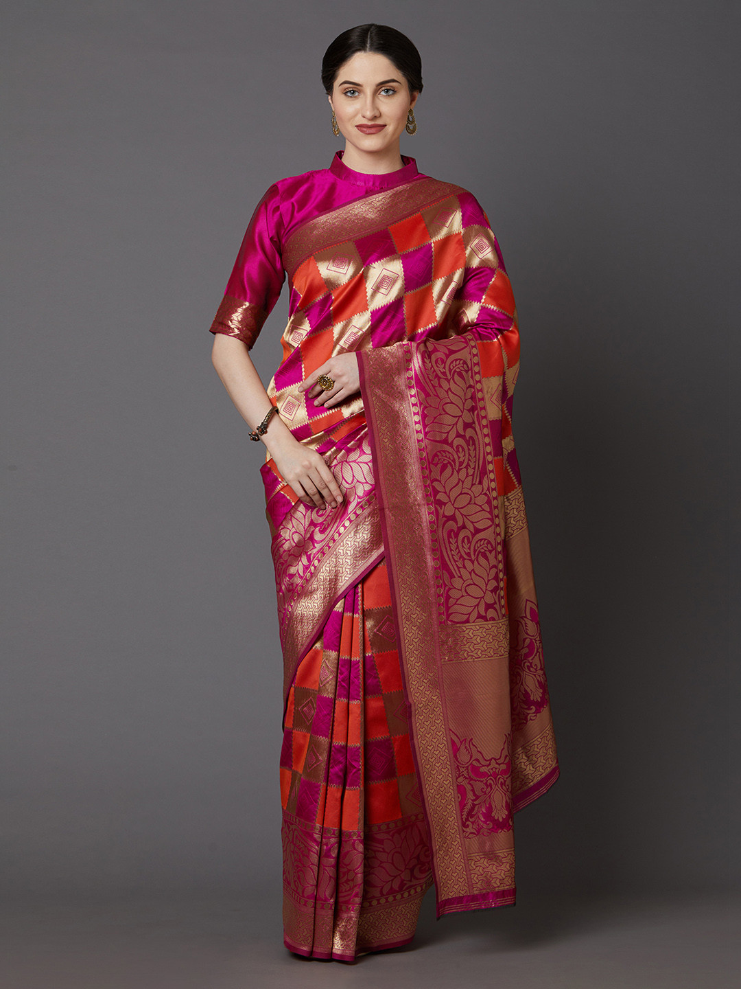 Buy Navy Blue & Gold-Toned Silk Blend Solid Banarasi Myntra Saree Online from EthnicPlus for â¹749