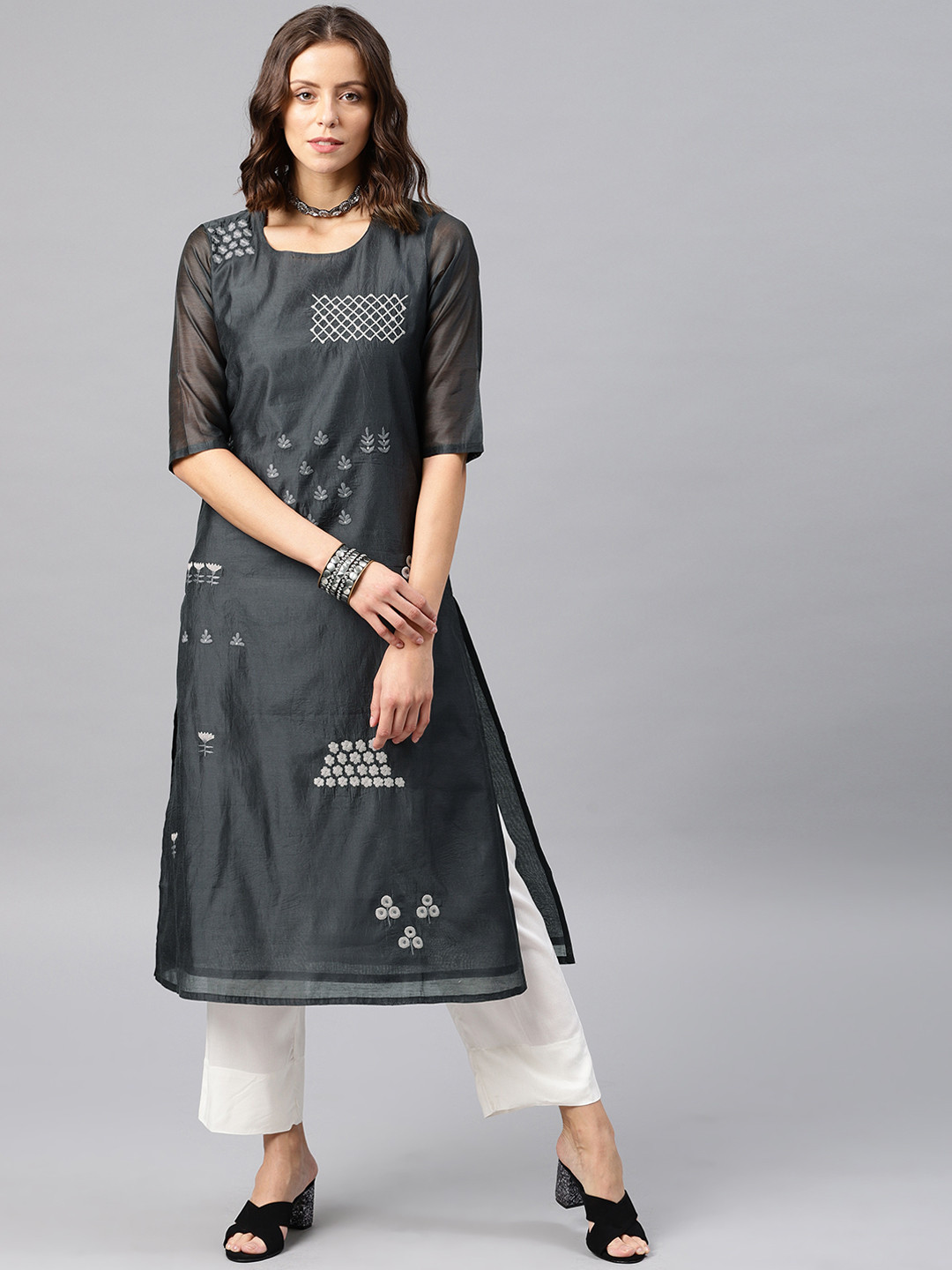 Buy Desi Weavess Women Charcoal Grey Embroidered Straight Kurta