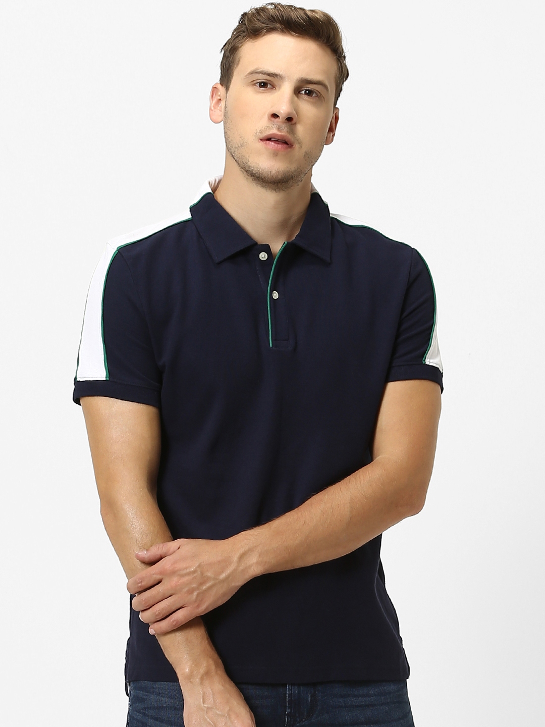 Buy Celio Men Navy Blue & White Colourblocked Polo Collar T Shirt ...