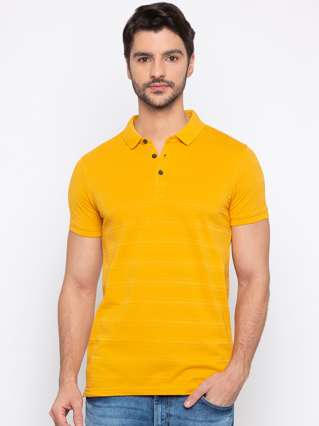 Buy SPYKAR Men Mustard Yellow Striped Polo Collar T Shirt Tshirts for