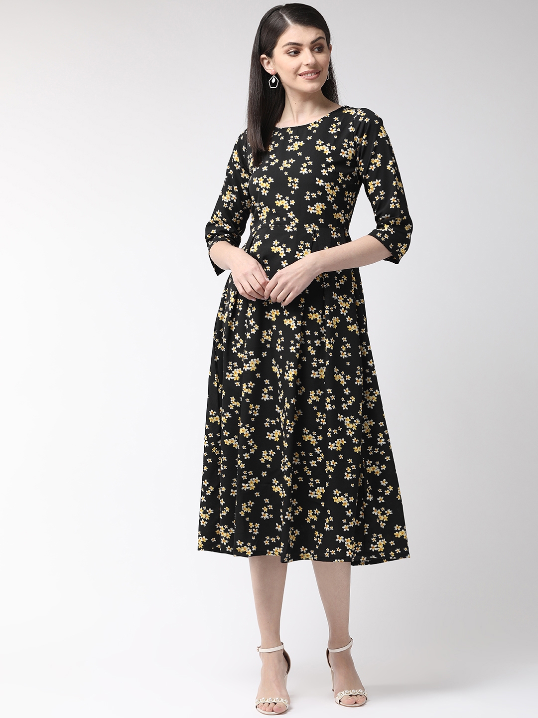 Buy PlusS Women Black & Yellow Floral Print Fit And Flare Dress ...