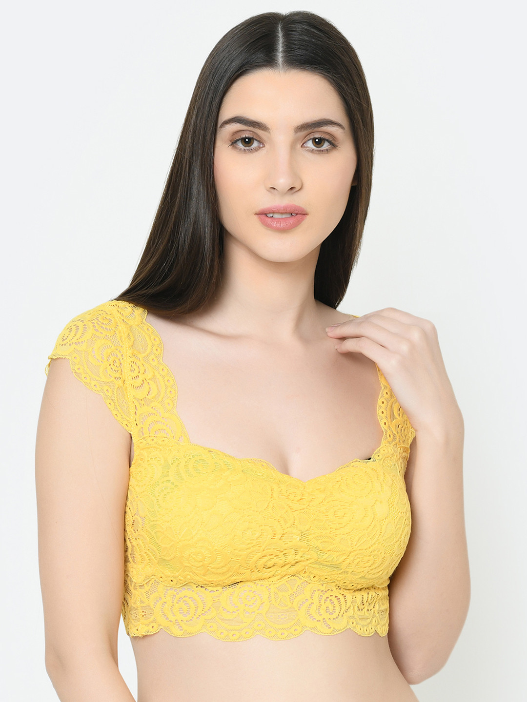 Buy Da Intimo Yellow Lace Non Wired Lightly Padded Bralette Bra DI 1289