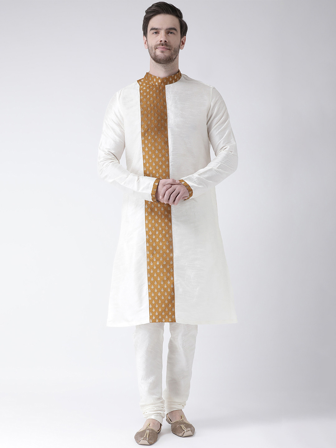Buy DEYANN Men Off White & Copper Toned Woven Design Straight Kurta
