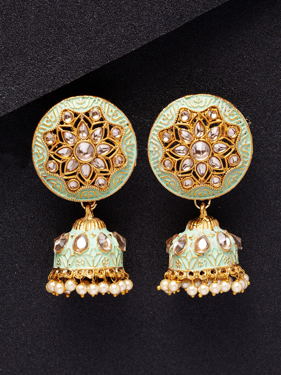 Buy Shining Diva Sea Green & Gold Toned Classic Jhumkas Earrings for